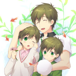 Rule 34 | 10s, 3boys, :d, ;o, ^ ^, aged down, brown hair, child, closed eyes, cotton candy, flower, free!, green eyes, male focus, mo (nmnme), multiple boys, multiple persona, one eye closed, open mouth, short hair, smile, sweater, tachibana makoto, tears, time paradox