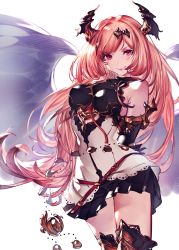 Rule 34 | 10s, 1girl, absurdres, armor, arms behind back, black gloves, black skirt, boots, breasts, closed mouth, cowboy shot, cygames, dark angel olivia, dress, elbow gloves, gloves, granblue fantasy, hair ornament, hairclip, halterneck, highres, horns, legs together, long hair, looking at viewer, medium breasts, miniskirt, pink hair, purple eyes, ribbon, shadowverse, shingeki no bahamut, shirt, simple background, skin tight, skirt, skirt set, sleeveless, sleeveless shirt, smile, solo, spread wings, standing, thigh boots, thighhighs, very long hair, white background, wings, yurika0207