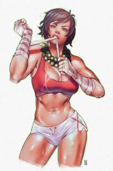 Rule 34 | 1girl, bandaged hand, bandages, bead necklace, beads, biting, brown hair, clenched hands, cowboy shot, highres, jewelry, joy boy, looking at viewer, navel, necklace, orange eyes, original, short hair, short shorts, shorts, sports bra, thighs, toned, white background, wrist wrap