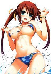 Rule 34 | 1girl, absurdres, bikini, blush, bracelet, breasts, brown hair, green eyes, highres, jewelry, large breasts, long hair, navel, open mouth, solo, swimsuit, tomose shunsaku, twintails, water, wet
