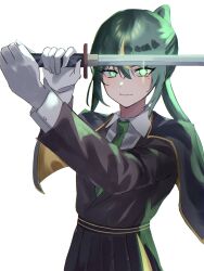 Rule 34 | 1girl, absurdres, alternate hairstyle, black cape, black jacket, black skirt, blonde hair, blush, cape, closed mouth, collared shirt, commentary request, cowboy shot, gloves, green eyes, green hair, green necktie, highres, holding, holding sword, holding weapon, jacket, katana, long hair, long sleeves, looking at viewer, mole, mole under eye, multicolored hair, necktie, original, pleated skirt, ponytail, shirt, sidelocks, simple background, skirt, solo, streaked hair, sword, tsukuno tsuki, weapon, white background, white gloves, white shirt