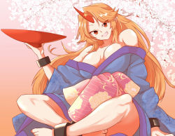 Rule 34 | 1girl, arm support, bare shoulders, barefoot, blue kimono, breasts, cherry blossoms, commentary request, cuffs, cup, fang, fugaku (miko no miyatsuguchi), gradient background, head tilt, highres, horns, hoshiguma yuugi, hoshiguma yuugi (kimono), indian style, japanese clothes, kimono, looking at viewer, obi, open mouth, pink background, sakazuki, sash, shackles, single horn, sitting, solo, touhou, tsurime
