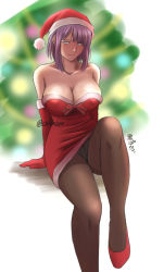 Rule 34 | 1girl, barefoot, black pantyhose, blue eyes, blurry, blurry background, breasts, chiba shuusaku, christmas, christmas tree, cleavage, closed mouth, commentary, dagashi kashi, dress, elbow gloves, gloves, half-closed eyes, hat, high heels, knee up, large breasts, looking at viewer, microdress, panties, panties under pantyhose, pantyhose, pantyshot, purple hair, red dress, red footwear, red gloves, santa costume, santa dress, santa gloves, santa hat, shidare hotaru, short hair, sidelocks, sitting, smile, solo, strapless, strapless dress, translated, twitter username, underwear