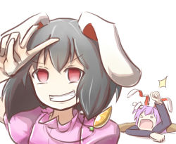 Rule 34 | angry, carrot necklace, ears down, fallen down, grin, highres, hole, inaba tewi, looking at viewer, necklace, no pupils, open mouth, peroponesosu., pitfall, red eyes, reisen udongein inaba, screaming, smile, touhou, v, white background
