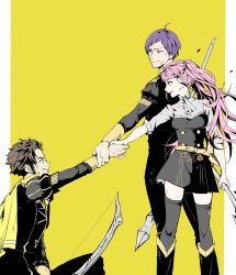 Rule 34 | 1girl, 2boys, axe, bad id, bad twitter id, belt, boots, bow (weapon), brown hair, bruise, claude von riegan, dark-skinned male, dark skin, fire emblem, fire emblem: three houses, green eyes, grin, helping, highres, hilda valentine goneril, holding hands, injury, lorenz hellman gloucester, matching hair/eyes, multiple boys, nintendo, pink eyes, pink hair, polearm, purple eyes, purple hair, smile, spear, thighhighs, thighhighs under boots, twintails, weapon, yellow background