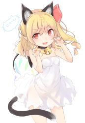 Rule 34 | &gt;:d, 1girl, :d, animal ears, arms up, bare shoulders, bell, blonde hair, breasts, cat ears, cat tail, choker, claw pose, collarbone, crystal, dress, extra ears, fang, flandre scarlet, jingle bell, kedama milk, kemonomimi mode, lips, long hair, neck bell, open mouth, paw pose, pointy ears, red eyes, ribbon, see-through silhouette, short dress, side ponytail, small breasts, smile, solo, strapless, strapless dress, sundress, tail, thighs, touhou, v-shaped eyebrows, white dress, wings