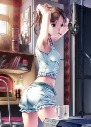 Rule 34 | 1girl, adjusting hair, artist request, ass, bedroom, bobby pin, breasts, brown eyes, brown hair, goggles, hair ornament, hairclip, hairpin, indoors, midriff, mouth hold, ponytail, shorts, small breasts, tank top, tea