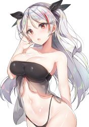 Rule 34 | 1girl, absurdres, alternate costume, arm behind back, armpits, azur lane, bare shoulders, bikini, black bikini, black ribbon, blush, breasts, cleavage, collarbone, cowboy shot, curvy, groin, hair ribbon, hand on own face, head tilt, highleg, highleg bikini, highres, large breasts, long hair, looking at viewer, mole, mole on breast, multicolored hair, navel, open mouth, prinz eugen (azur lane), ribbon, see-through, shiny skin, sidelocks, silver hair, simple background, skindentation, solo, stomach, streaked hair, swimsuit, thighs, two side up, white background, yayoichi (yoruyoru108)