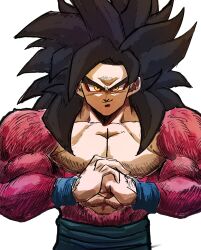 Rule 34 | 1boy, 9302w (user wjpg8475), black hair, blue wristband, body fur, clenched hand, dragon ball, dragon ball gt, highres, large pectorals, long hair, looking at viewer, male focus, muscular, muscular male, own hands together, pectorals, simple background, smile, solo, son goku, spiked hair, super saiyan, super saiyan 4, upper body, white background, yellow eyes