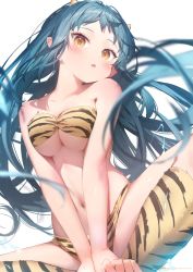 Rule 34 | 1girl, animal print, bad id, bad twitter id, bare shoulders, bikini, blue background, blue hair, blurry, blurry foreground, boots, breasts, electricity, electrokinesis, fang, highres, horns, indian style, large breasts, long hair, looking at viewer, lum, navel, parted lips, pointy ears, print bikini, print footwear, ryota (ry o ta), sitting, skin fang, solo, swimsuit, tiger print, urusei yatsura, yellow bikini, yellow eyes, yellow footwear