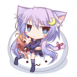 Rule 34 | 10s, 1girl, animal ears, blue eyes, blush, brown hair, cat ears, cat tail, chibi, crescent, crescent hair ornament, doll, hair ornament, hug, kantai collection, komakoma (magicaltale), long hair, objectification, open mouth, purple hair, ribbon, short hair with long locks, sitting, smile, solid circle eyes, tail, tail wagging, uzuki (kancolle), very long hair, yayoi (kancolle)