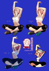 Rule 34 | 1girl, absurdres, armpits, art shift, blue background, brown footwear, chibi, closed eyes, hands up, headband, highres, indian style, leggings, multiple views, navel, original, parted lips, pigeon666, pink hair, shoes, short hair, simple background, sitting, sports bra, stomach, stretching, toned