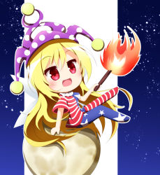 Rule 34 | 1girl, american flag pants, american flag shirt, blonde hair, blue sky, blush, breasts, chibi, clownpiece, commentary request, fairy wings, fire, gradient sky, hair between eyes, hand up, hat, holding, holding torch, jester cap, legs up, long hair, looking to the side, moon, neck ruff, night, night sky, no shoes, open mouth, pants, polka dot, purple hat, red eyes, senba chidori, shadow, shirt, short sleeves, sitting, sky, small breasts, smile, solo, star (sky), star (symbol), star print, starry sky, striped clothes, striped pants, striped shirt, torch, touhou, very long hair, white background, wings
