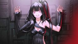 Rule 34 | 1girl, :d, against wall, android, architect (girls&#039; frontline), asymmetrical shirt, black hair, black nails, breasts, cleavage, collarbone, detached sleeves, fingernails, game cg, girls&#039; frontline, grin, hands up, infukun, large breasts, long hair, looking at viewer, official art, one side up, open mouth, pale skin, pink eyes, pinstripe pattern, pinstripe shirt, ringed eyes, sangvis ferri, shirt, side slit, smile, straight-on, striped, teeth, upper body, very long hair, wide-eyed
