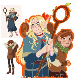 Rule 34 | 1boy, 1girl, animal ears, artist name, backpack, bag, bedroll, blonde hair, blue capelet, blue eyes, blush, brown hair, brown shirt, capelet, chilchuck tims, clenched teeth, cowboy shot, dungeon meshi, elf, green scarf, highres, holding, holding staff, long hair, marcille donato, nervous, open mouth, pink lips, pointy ears, reference inset, scarf, shirt, short hair, simple background, sosomon, staff, sweat, teeth, white background