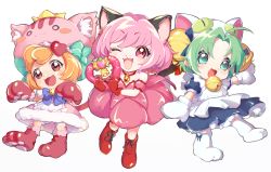 Rule 34 | 3girls, :3, absurdres, ahoge, animal ear fluff, animal ear headwear, animal ears, animal hands, animal hat, anyamal tantei kirumin zoo, apron, bell, blonde hair, bloomers, blue hair, blush, boots, cat day, cat ears, cat hat, chibi, crown, dejiko, di gi charat, dress, fake animal ears, fur trim, gloves, green eyes, green hair, hat, hat bell, highres, holding, holding weapon, looking at viewer, magical girl, mikogami riko, momomiya ichigo, multicolored hair, multiple girls, neck bell, neck ribbon, off-shoulder dress, off shoulder, one eye closed, open mouth, orange hair, outstretched arm, parted bangs, paw gloves, paw shoes, pinafore dress, pink eyes, pink hair, puffy short sleeves, puffy sleeves, ribbon, short hair, short sleeves, sleeveless, sleeveless dress, smile, standing, standing on one leg, streaked hair, tim (0206tim), tokyo mew mew, underwear, weapon