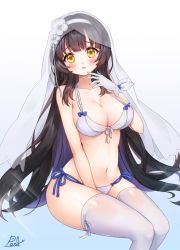 Rule 34 | 1girl, bikini, black hair, blue background, blue bow, blush, bow, cowboy shot, flower, girls&#039; frontline, gloves, gradient background, hair flower, hair ornament, hairband, invisible chair, long hair, looking at viewer, navel, official alternate costume, pong (vndn124), side-tie bikini bottom, signature, sitting, smile, solo, swimsuit, thighhighs, type 95 (girls&#039; frontline), type 95 (summer cicada) (girls&#039; frontline), veil, white background, white bikini, white gloves, white hairband, white thighhighs, yellow eyes