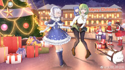 :d absurdres black_hair blue_dress blue_footwear blue_hair boots box capelet christmas christmas_ornaments christmas_tree dress frilled_dress frills fur-trimmed_boots fur-trimmed_capelet fur-trimmed_dress fur_trim gedun_zhongyun gift gift_box gloves green_eyes green_hair hat highres ice_skates long_hair long_sleeves looking_at_another multiple_girls new_orleans_(warship_girls_r) night open_mouth pantyhose red_capelet red_dress red_footwear reindeer santa_costume santa_hat shirt short_hair sigsbee_(warship_girls_r) skates skirt smile snow snowing snowman star_symbol twintails warship_girls_r white_gloves white_hair white_shirt