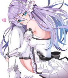 1girl boots dress hair_between_eyes hand_on_own_leg headband heart highres long_hair princess_connect! purple_hair sazamiso_rx shizuru_(princess_connect!) solo thigh_boots white_dress