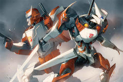 Rule 34 | 2boys, angry, back-to-back, drift (transformers), dual wielding, emblem, gun, holding, mecha, multiple boys, ratchet (transformers), realistic, robot, sarah stone, science fiction, solid eyes, sword, the transformers (idw), transformers, weapon