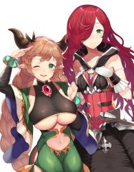 Rule 34 | 2girls, :&gt;, absurdres, anna (granblue fantasy), arm up, bare arms, black pants, bodysuit, bracelet, braid, breasts, brooch, carmelina (granblue fantasy), clothing cutout, commentary request, draph, gloves, gold trim, granblue fantasy, green eyes, hair over one eye, hands on own chest, highres, horns, jewelry, large breasts, light brown hair, long hair, long sleeves, looking at another, looking at viewer, multiple girls, navel, navel cutout, one eye closed, open mouth, pants, pointy ears, red shirt, salute, shirt, side cutout, simple background, small breasts, smile, swept bangs, twin braids, underboob, underboob cutout, very long hair, white background, white gloves, wide sleeves, yamato (muchuu paradigm)