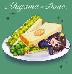 Rule 34 | 10s, 1girl, :d, akiyama yukari, alternate costume, bc freedom (emblem), bc freedom school uniform, black skirt, blue necktie, blue sweater, broccoli, brown eyes, brown hair, cardigan, chaki (teasets), character name, chibi, cursive, diagonal stripes, dress shirt, emblem, food, food on face, girls und panzer, green background, holding, in food, lettuce, long sleeves, looking at viewer, lying, messy hair, mini person, minigirl, miniskirt, necktie, on side, open mouth, plate, pleated skirt, red necktie, sandwich, sandwiched, school uniform, shirt, short hair, skirt, smile, solo, sparkle, striped necktie, striped neckwear, sweater, white shirt, wing collar