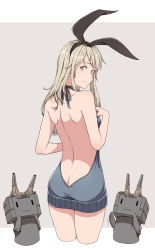 Rule 34 | 1girl, ass, back, backless dress, backless outfit, bare arms, bare back, bare shoulders, blonde hair, butt crack, cheshirrr, dress, from behind, grey background, hair ornament, hairband, highres, kantai collection, long hair, looking at viewer, looking back, meme attire, rensouhou-chan, shimakaze (kancolle), solo, standing, sweater, sweater dress, virgin killer sweater