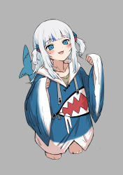 Rule 34 | 1girl, :3, blue eyes, blue hoodie, blunt bangs, blush, collarbone, cropped legs, fins, fish tail, gawr gura, gawr gura (1st costume), grey background, hair ornament, hands up, highres, hololive, hololive english, hood, hoodie, long hair, multicolored hair, not nodu, open mouth, shark tail, sharp teeth, sidelocks, simple background, sleeves past wrists, solo, standing, streaked hair, tail, teeth, two side up, virtual youtuber, white hair