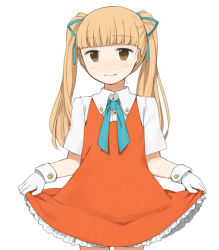 Rule 34 | 1girl, bow, brown eyes, costume, cream (sonic), cream the rabbit, cuffs, dress, frilled skirt, frills, hair bow, layered skirt, light smile, long hair, looking at viewer, orange dress, orange skirt, personification, petite, short sleeves, simple background, skirt, skirt hold, solo, sonic (series), standing, tsuduya (knt31), twintails, white background