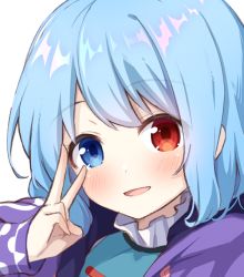 Rule 34 | 1girl, arm up, blue dress, blue eyes, blue hair, blush, commentary request, dress, eyes visible through hair, fingernails, frills, hair between eyes, hand up, heterochromia, jacket, long sleeves, looking at viewer, nnyara, open clothes, open jacket, open mouth, purple jacket, red eyes, short hair, simple background, smile, solo, tatara kogasa, touhou, upper body, v, white background