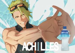 Rule 34 | 1boy, achilles (fate), achilles (fearless diver) (fate), bags under eyes, black shirt, blue background, bottle, brown eyes, character name, fate/grand order, fate (series), foreshortening, goggles, goggles on head, green hair, grin, haruakira, highres, interlocked fingers, large pectorals, male focus, muscular, muscular male, olympic rings, pectorals, shirt, short hair, smile, solo, water bottle