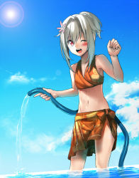 Rule 34 | 1boy, ;d, androgynous, bad id, bad pixiv id, blush, cloud, day, erubo, flower, groin, hair ornament, hose, male focus, navel, one eye closed, open mouth, original, partially submerged, ponytail, red eyes, silver hair, sky, smile, solo, swimsuit, trap, wading, wink, yohane bonaventura