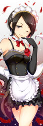 Rule 34 | 10s, 1girl, ;), apron, asahi yanagi, bare shoulders, black gloves, black hair, breasts, brown eyes, cleavage, detached collar, elbow gloves, feathers, finger to mouth, flower, frills, gloves, hand on own hip, highres, idolmaster, idolmaster cinderella girls, maid, maid headdress, one eye closed, red flower, red rose, rose, short hair, smile, solo, togo ai, waist apron