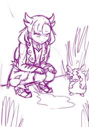 Rule 34 | 1girl, ?, animal, creatures (company), dress, fang, game freak, gen 8 pokemon, grass, hands on own knees, jacket, jewelry, long hair, long sleeves, looking down, marnie (pokemon), monochrome, morpeko, morpeko (full), mouse (animal), necklace, nintendo, open clothes, open jacket, open mouth, panties, panty pull, peeing, pointy footwear, pokemon, pokemon swsh, puddle, shoes, sketch, squatting, standing, twintails, underwear, wall, yuzu lemon