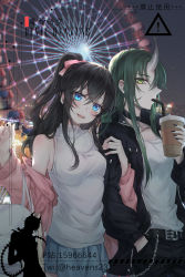 Rule 34 | 2girls, :d, absurdres, arknights, bad id, bad pixiv id, bare shoulders, belt, black belt, black choker, black hair, black jacket, blue eyes, blue skirt, blush, bow, breasts, choker, commentary request, cowboy shot, cup, devil heavens, disposable cup, drinking, drinking straw, ferris wheel, green eyes, green hair, hair between eyes, hair bow, half updo, hands up, highres, holding, holding cup, horns, hoshiguma (arknights), jacket, long hair, looking at viewer, miniskirt, multiple girls, off shoulder, open clothes, open jacket, open mouth, original, outdoors, pink bow, pink jacket, pleated skirt, shirt, single horn, skirt, sleeveless, sleeveless shirt, small breasts, smile, standing, white shirt