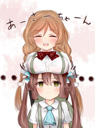 Rule 34 | 2girls, alternate breast size, arm warmers, asagumo (kancolle), ascot, blue ascot, bow, bowtie, braid, breast envy, breast press, breast rest, breasts, breasts on head, brown hair, cloud hair ornament, gradient background, gradient hair, grey eyes, hair ribbon, kantai collection, large breasts, light brown hair, long hair, low twin braids, minegumo (kancolle), multicolored hair, multiple girls, open mouth, pink background, plaid, plaid bow, plaid bowtie, pleated skirt, red bow, red bowtie, ribbon, shirt, simple background, skirt, small breasts, smile, suspenders, twin braids, twintails, white shirt, yuki (yukineko-nyaa)