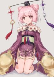 Rule 34 | 1girl, absurdres, atelier (series), atelier sophie, atyao-299, bare shoulders, china dress, chinese clothes, closed mouth, cone hair bun, cornelia (atelier), dalachi (headdress), dress, hair bun, hair ornament, highres, long sleeves, looking at viewer, pink eyes, pink hair, sash, short hair, side slit, simple background, sitting, sleeves past fingers, sleeves past wrists, smile, solo, wide sleeves