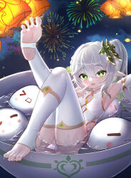 Rule 34 | 1girl, absurdres, barefoot, bowl, chinese clothes, feet, finger to mouth, fireworks, genshin impact, green eyes, highres, jndfh, leg up, long hair, looking at viewer, nahida (genshin impact), pointy ears, side ponytail, silver hair, soles, spread toes, stirrup legwear, toeless legwear, toes, wet