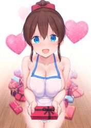 1girl :d apron blue_eyes breasts brown_hair cai_geng cleavage collarbone commentary_request covered_erect_nipples frilled_apron frills gift hair_between_eyes hair_ribbon happy_valentine heart highres holding holding_gift idolmaster idolmaster_million_live! large_breasts looking_at_viewer naked_apron open_mouth ribbon satake_minako sidelocks smile standing valentine white_apron wooden_floor