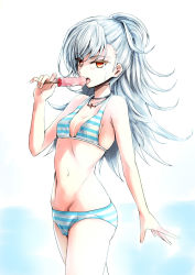 Rule 34 | 1girl, absurdres, bikini, breasts, choker, cleavage, closers, collarbone, cowboy shot, food, from side, groin, highres, jewelry, karadborg, licking, long hair, looking at viewer, looking to the side, navel, necklace, ponytail, popsicle, red eyes, sideboob, silver hair, small breasts, solo, stomach, striped bikini, striped clothes, sweat, swimsuit, tina (closers)