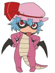 Rule 34 | 1girl, alternate costume, animal costume, bat wings, blue hair, domino mask, dragon, dragon quest, female focus, gremlin (mythology), gremlins (film), hands on own hips, mask, mouth mask, onikobe rin, red eyes, remilia scarlet, short hair, solo, tongue, tongue out, touhou, wings