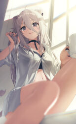Rule 34 | 1girl, ahoge, alternate costume, animal ear piercing, animal ears, bare legs, black bra, black choker, black eyes, black nails, blurry, bra, breasts, broken, broken chain, chain, choker, closed mouth, commentary, cup, depth of field, english commentary, feet out of frame, grey hair, hair between eyes, hand in own hair, highres, holding, holding cup, hololive, lion ears, lion girl, lion tail, long hair, looking at viewer, medium breasts, mixed-language commentary, nail polish, navel, partially unbuttoned, shirt, shishiro botan, sitting, smile, solo, sunlight, tail, torjun 111, underwear, virtual youtuber, white shirt, window