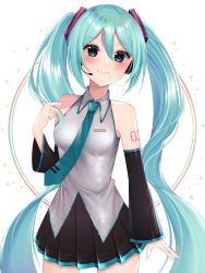 Rule 34 | 1girl, aqua hair, bare shoulders, black skirt, blue eyes, blue hair, blue skirt, blush, breasts, commentary request, detached sleeves, green eyes, green necktie, hair between eyes, hair ornament, hatsune miku, headset, highres, holding, holding own hair, long hair, looking at viewer, medium breasts, necktie, nerua, pleated skirt, shirt, skirt, sleeveless, sleeveless shirt, smile, solo, twintails, two-tone skirt, very long hair, vocaloid