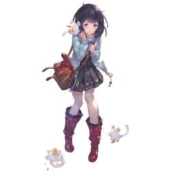 Rule 34 | 1girl, animal, animal on shoulder, bag, between breasts, black hair, blue bow, blue hair, boots, bow, breasts, cheese, food, full body, granblue fantasy, knee boots, light blue hair, long sleeves, looking at viewer, medium hair, minaba hideo, mouse (animal), official art, pleated skirt, red eyes, shoulder bag, simple background, skirt, small breasts, solo, standing, strap between breasts, thighhighs, transparent background, vikala (granblue fantasy), wavy mouth, white thighhighs