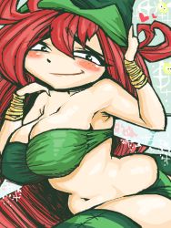 Rule 34 | 1girl, armpits, betilla, blush, breasts, cleavage, fairy, female focus, green hat, hat, large breasts, long hair, midriff, navel, plump, rayman, rayman origins, red hair, smile, solo, strapless, tobatoinu, tube top