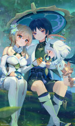 Rule 34 | 1boy, 2girls, ainy, artist name, bare shoulders, belt, black belt, black shirt, black shorts, black socks, blonde hair, blue hair, blue headwear, blue sky, blunt ends, blurry, blush, boots, bow, branch, breasts, closed eyes, closed mouth, cloud, cloudy sky, dark blue hair, day, detached sleeves, dress, flying, food, forest, genshin impact, gloves, gold trim, grass, grey hair, hair between eyes, halo, hand up, hat, highres, holding, holding food, jingasa, leaf, leg warmers, long sleeves, looking at another, lumine (genshin impact), mandarin collar, mechanical halo, medium breasts, multiple girls, nature, open clothes, open mouth, open vest, outdoors, paimon (genshin impact), parted bangs, partially fingerless gloves, puffy long sleeves, puffy sleeves, purple belt, purple bow, purple eyes, rain, scaramouche (genshin impact), shirt, short hair, short hair with long locks, short sleeves, shorts, sidelocks, sitting, sky, sleeveless, sleeveless shirt, smile, socks, tassel, tree, vest, wanderer (genshin impact), white dress, white footwear, white vest