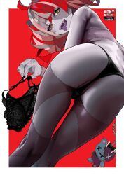 Rule 34 | 1girl, artist name, ass, ass focus, bent over, black bra, black panties, bra, colored skin, commentary, english commentary, fangs, from behind, grey skin, heterochromia, highres, holding, holding bra, holding clothes, holding underwear, hololive, hololive indonesia, kureiji ollie, lace, lace bra, lace panties, lingerie, looking at viewer, looking back, mismatched pupils, multicolored hair, naughty face, nkonya, open mouth, outside border, panties, partially visible vulva, patchwork skin, red background, red hair, simple background, smile, solo, stitched face, stitched leg, stitched torso, stitches, tongue, tongue out, topless, twitter logo, twitter username, two-tone background, two-tone hair, udin (kureiji ollie), underwear, underwear only, unworn bra, virtual youtuber, white hair, zombie