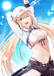 Rule 34 | 1girl, ;d, absurdres, arm up, artoria caster (fate), artoria caster (swimsuit) (fate), artoria caster (swimsuit) (first ascension) (fate), artoria pendragon (fate), asymmetrical clothes, baseball cap, bikini, bikini under clothes, black pants, blonde hair, breasts, cleavage, day, fate/grand order, fate (series), hat, highres, long hair, long sleeves, medium breasts, one eye closed, open mouth, outdoors, pants, shrug (clothing), single pantsleg, smile, solo, standing, sun, sunlight, swimsuit, twintails, very long hair, white bikini, white hat, yamano udumi