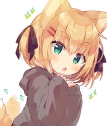 Rule 34 | 1girl, :o, amano mizu, animal ears, aqua eyes, black ribbon, blush, brown hoodie, child, commentary, dog ears, dog girl, dog tail, hair ornament, hair ribbon, hairclip, hands up, highres, hood, hoodie, medium hair, open mouth, original, ribbon, sidelocks, sleeves past wrists, sound effects, sparkle, tail, tail wagging, tareme, thick eyebrows, two side up, upper body, white background