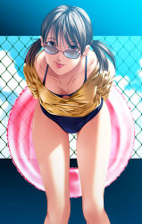 Rule 34 | 1girl, :p, bad id, bad pixiv id, bent over, bikini, breasts, brown eyes, brown hair, cleavage, cowboy shot, day, downblouse, female focus, glasses, innertube, looking at viewer, medium breasts, original, rezi, solo, swim ring, swimsuit, thigh gap, thighs, tongue, tongue out, twintails